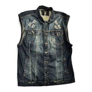 I Link Blue Distressed Jean Vest Trucker Vintage Blue Denim Vest